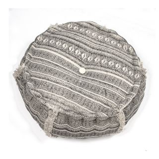 Printed cotton pouf, round w/fringes,50x25cm